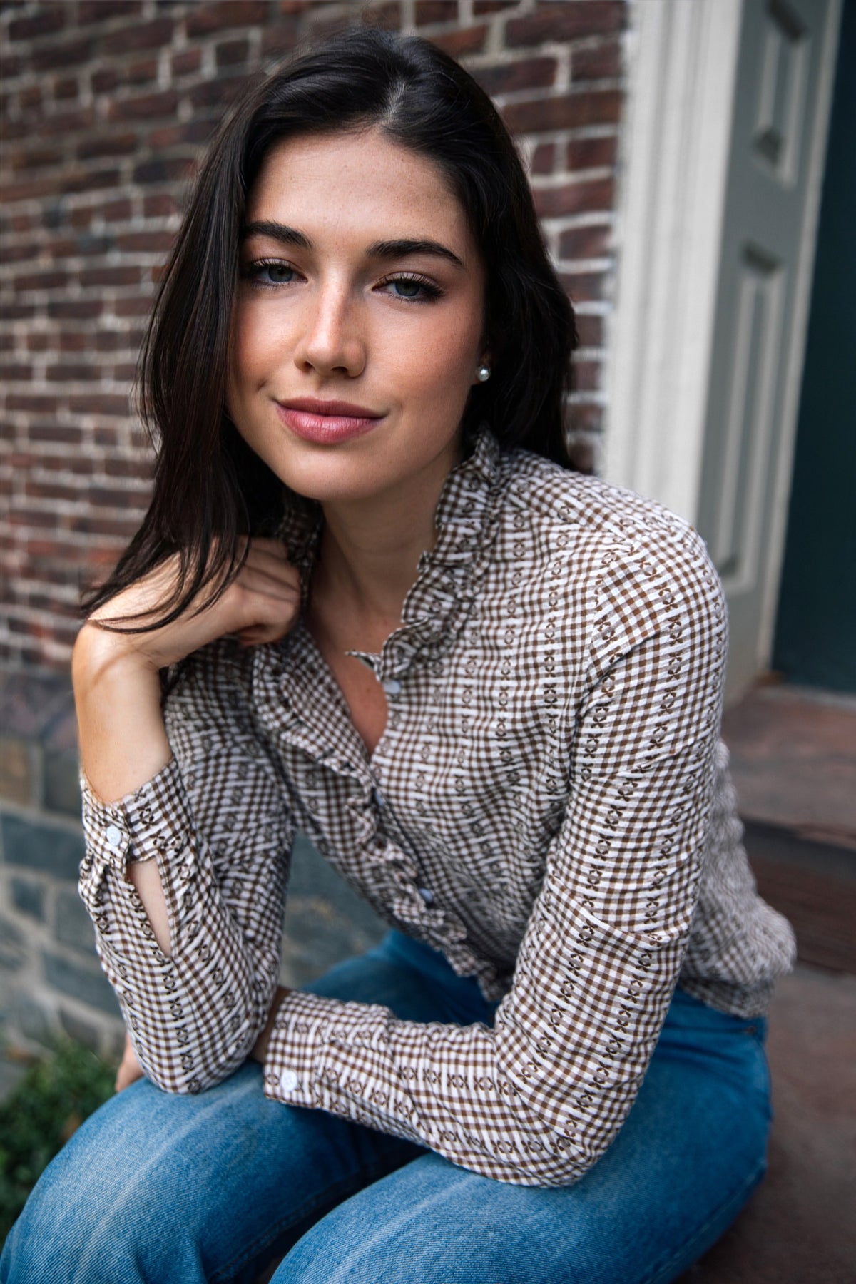 Mayfair Check Ruffle Shirt in Brown