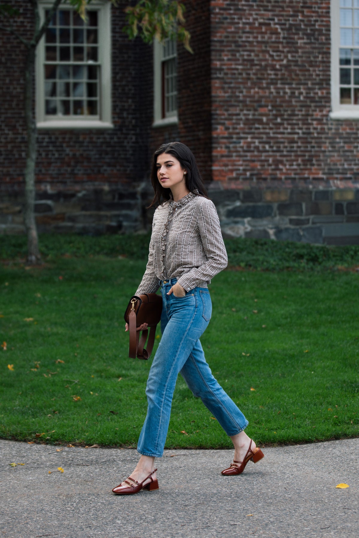 Mayfair Check Ruffle Shirt in Brown