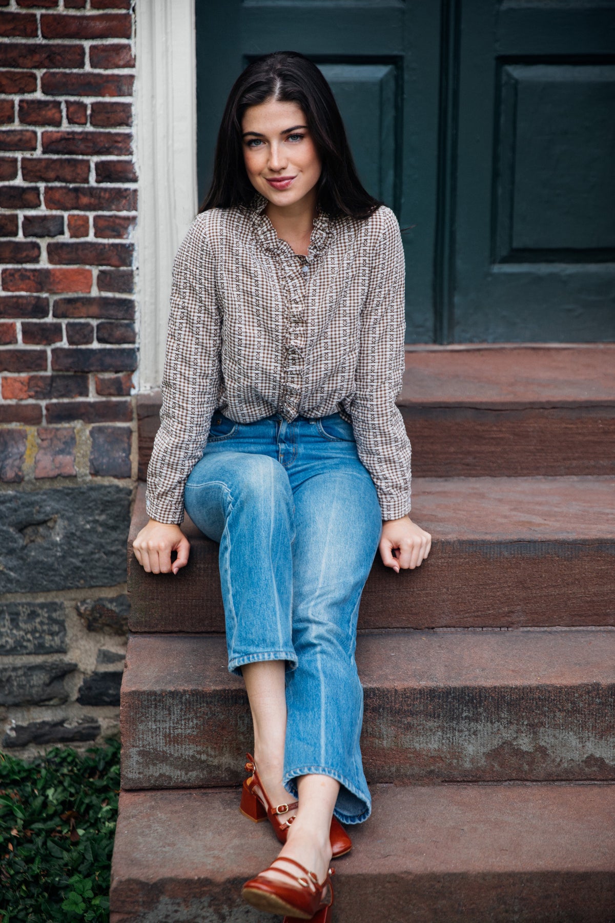 Mayfair Check Ruffle Shirt in Brown