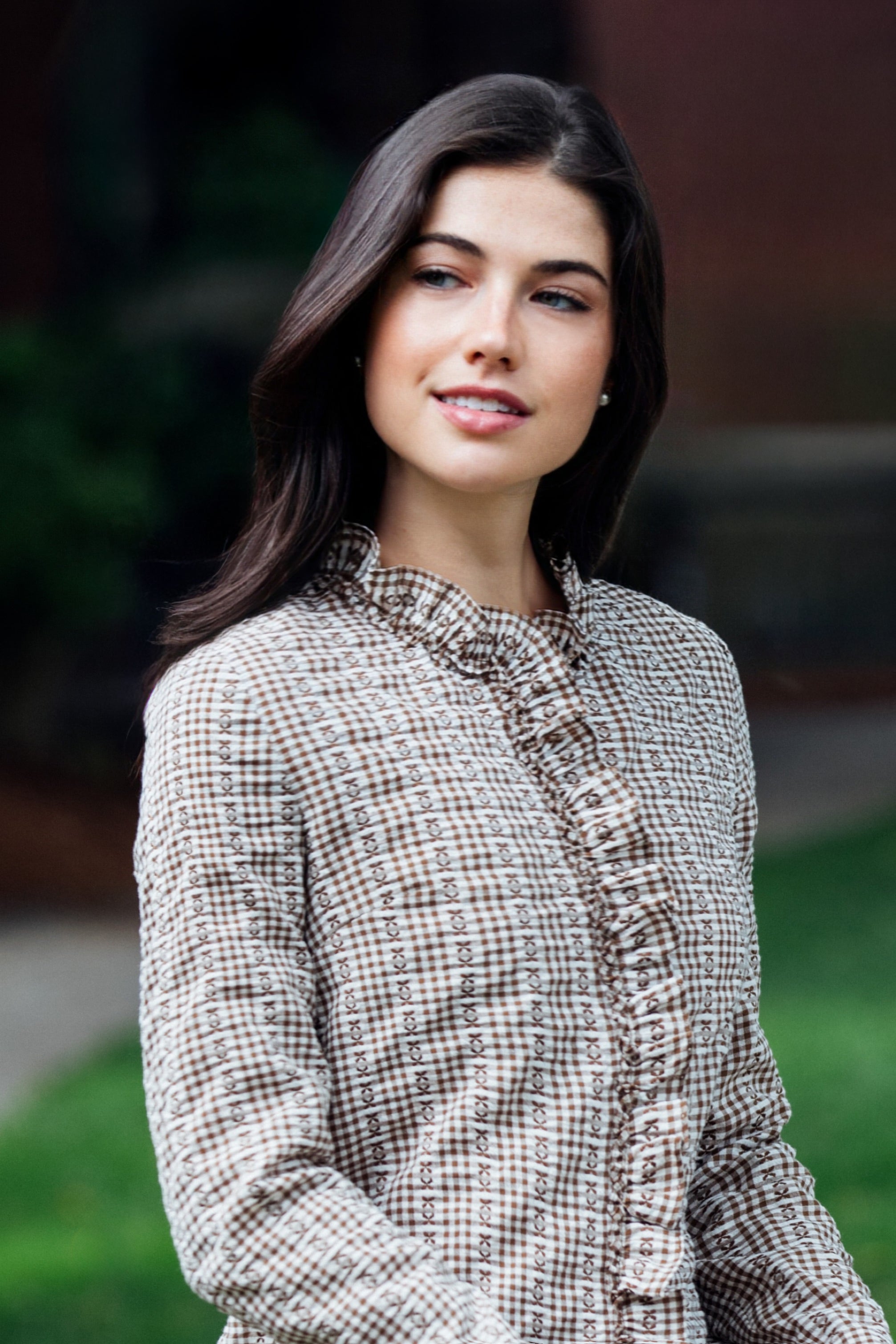 KJP Women's Mayfair Check Ruffle Dress Shirt in Brown and White