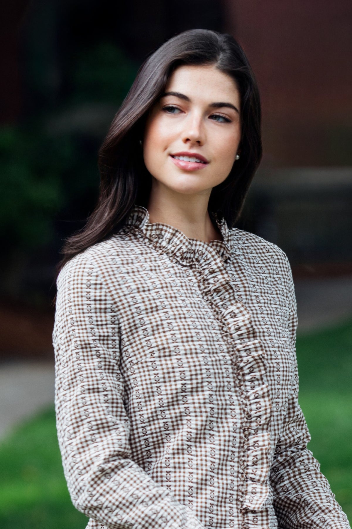 Mayfair Check Ruffle Shirt in Brown