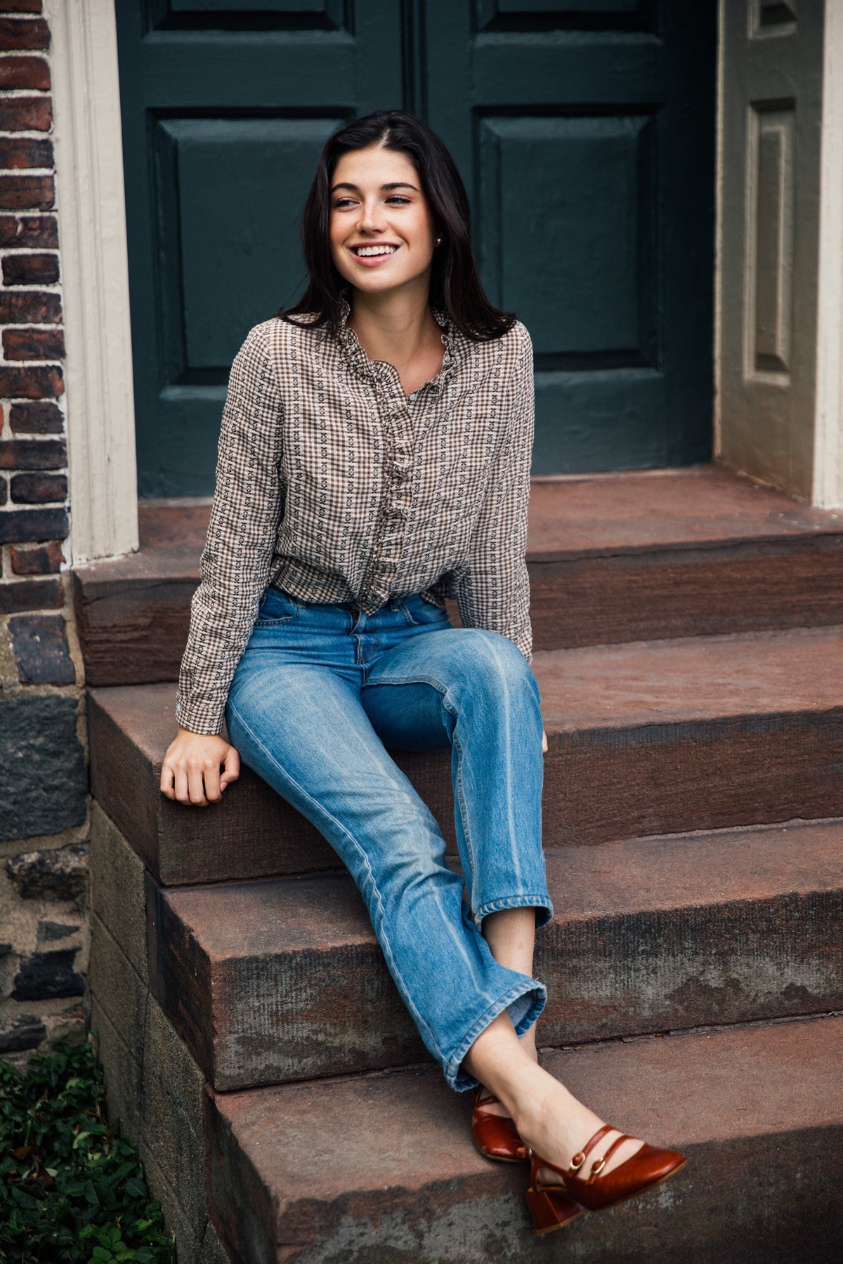 Mayfair Check Ruffle Shirt in Brown