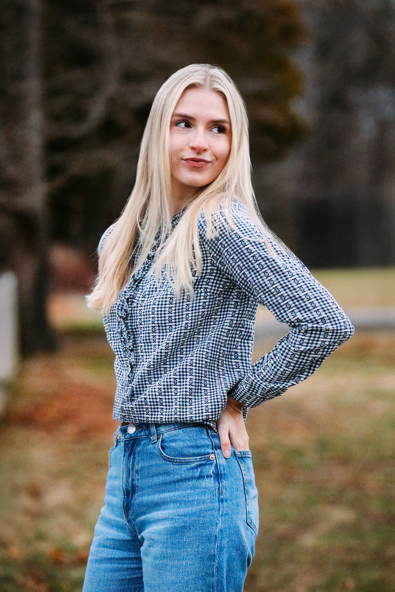Mayfair Check Ruffle Shirt in Navy