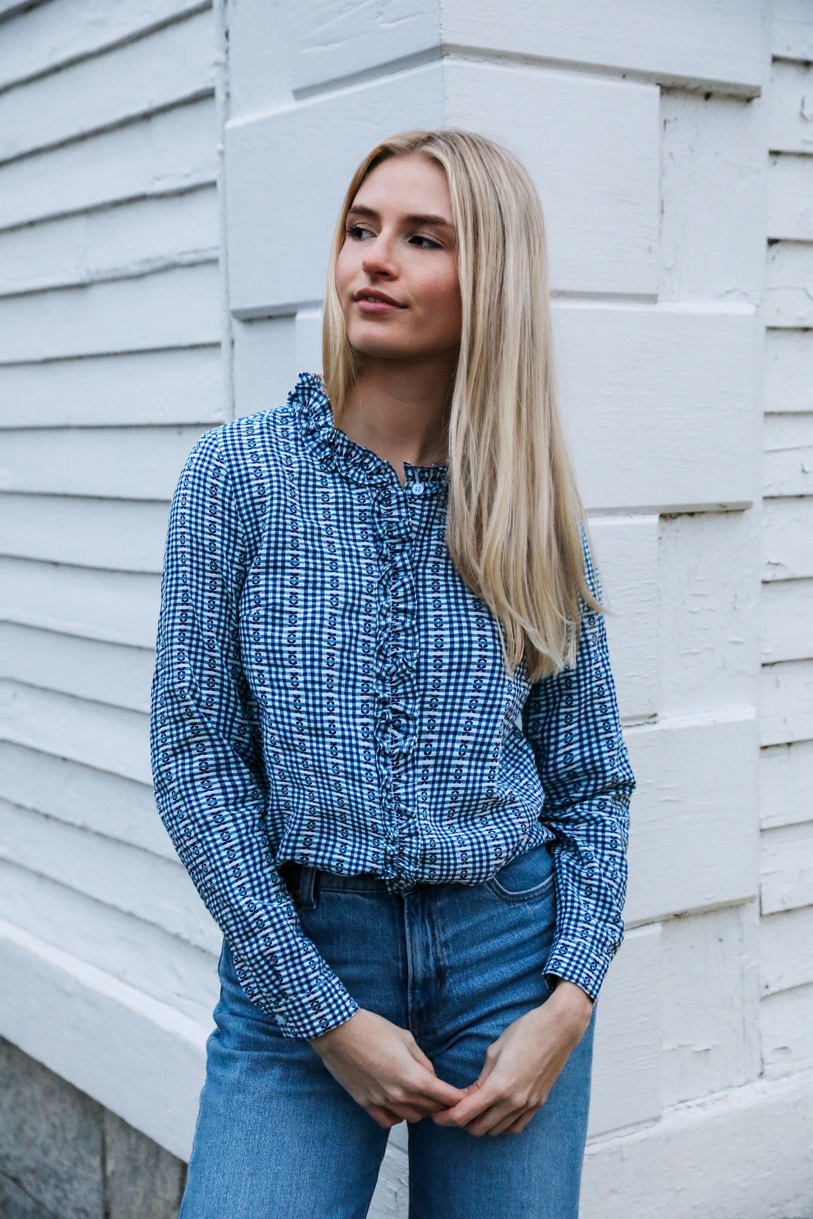 KJP Women's Mayfair Check Ruffle Dress Shirt in Navy Blue Kiel James Patrick KJP Women's Mayfair Check Ruffle Dress Shirt in Navy Blue Kiel James Patrick