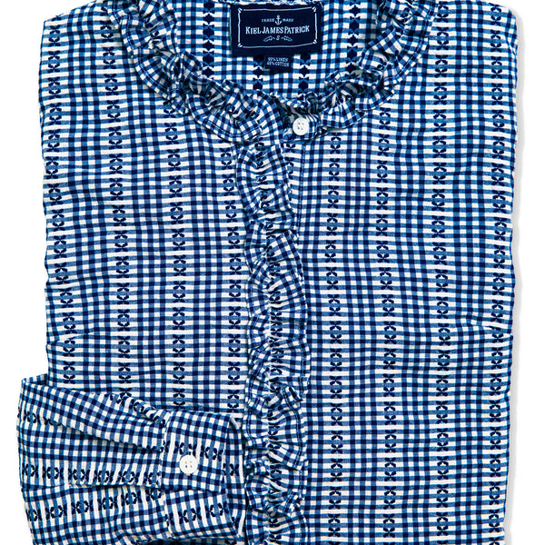 blue check dress shirt KJP Women's Mayfair Ruffle in Navy L COLOR:Black Onyx This button down pairs boat-neckline Strapless Sweetheart Satin Wedding