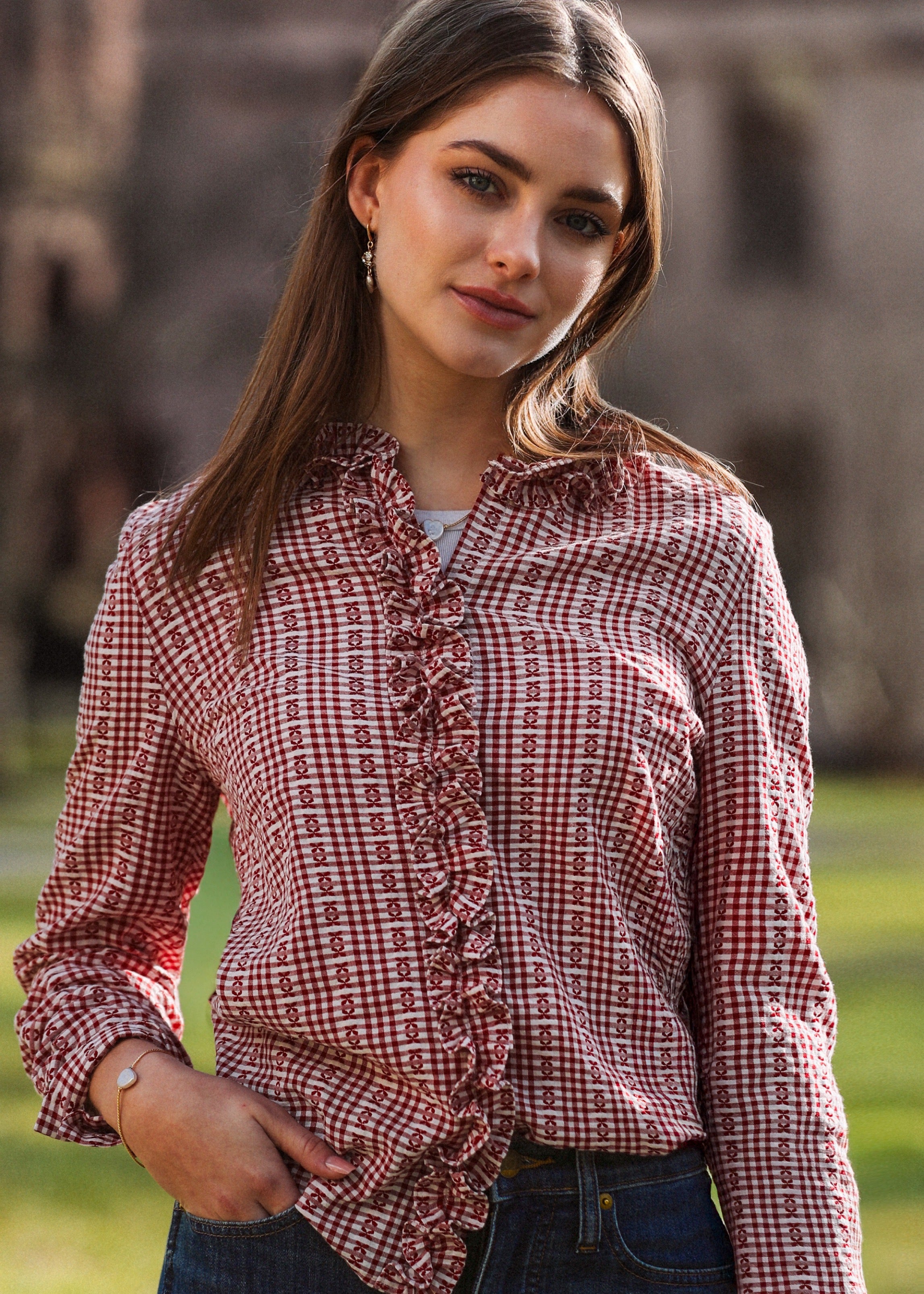 Mayfair Check Ruffle Shirt in Red