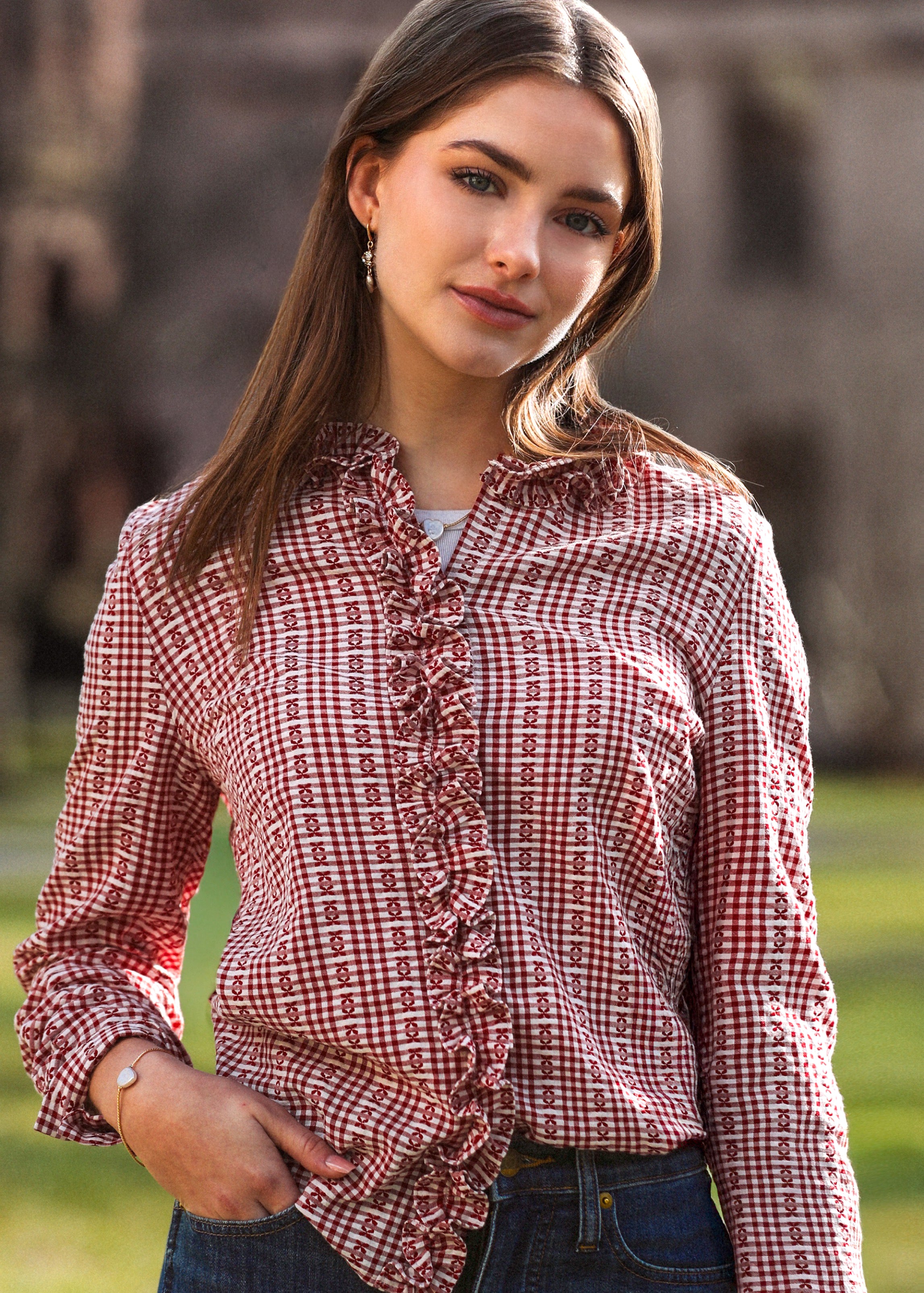 Mayfair Check Ruffle Shirt in Red