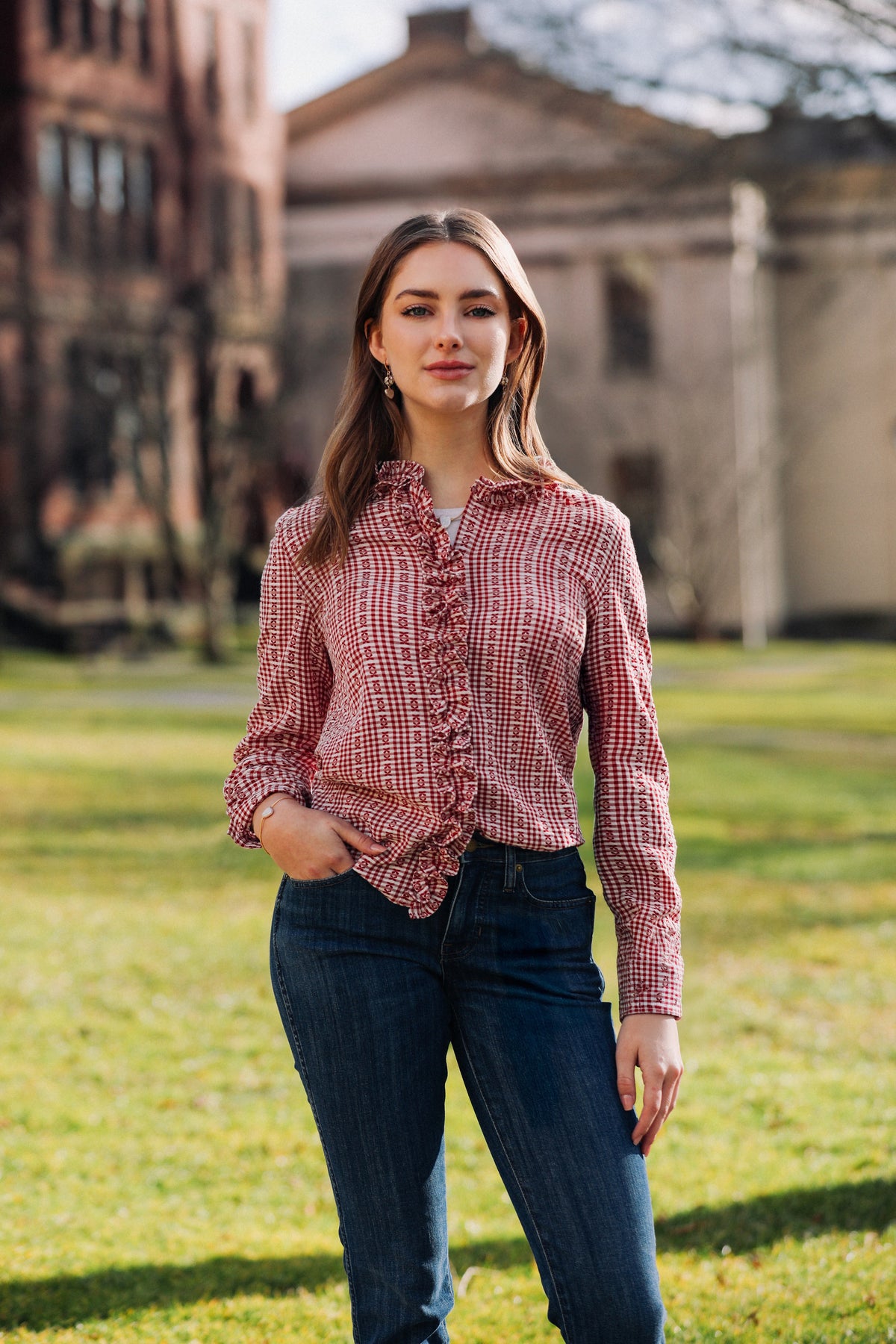 Mayfair Check Ruffle Shirt in Red