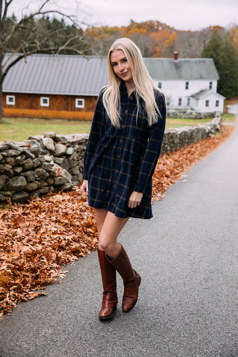 Midnight Tide Plaid Corduroy Dress