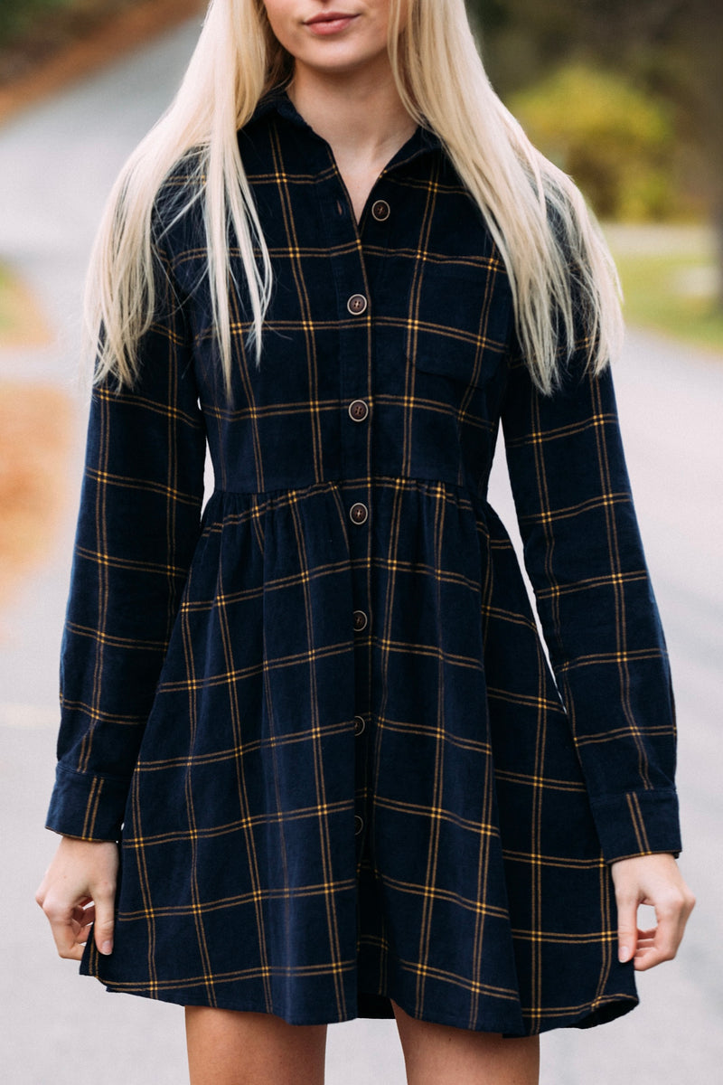 Midnight Tide Plaid Corduroy Dress