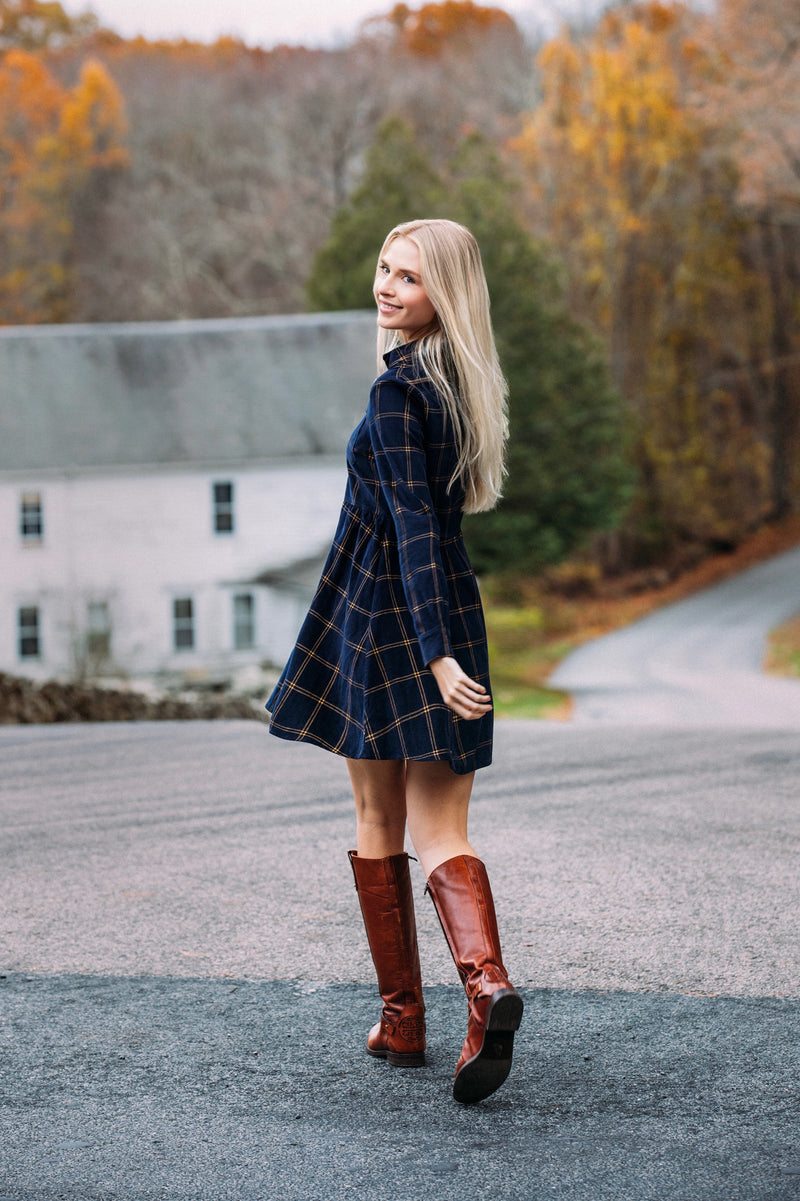 Midnight Tide Plaid Corduroy Dress