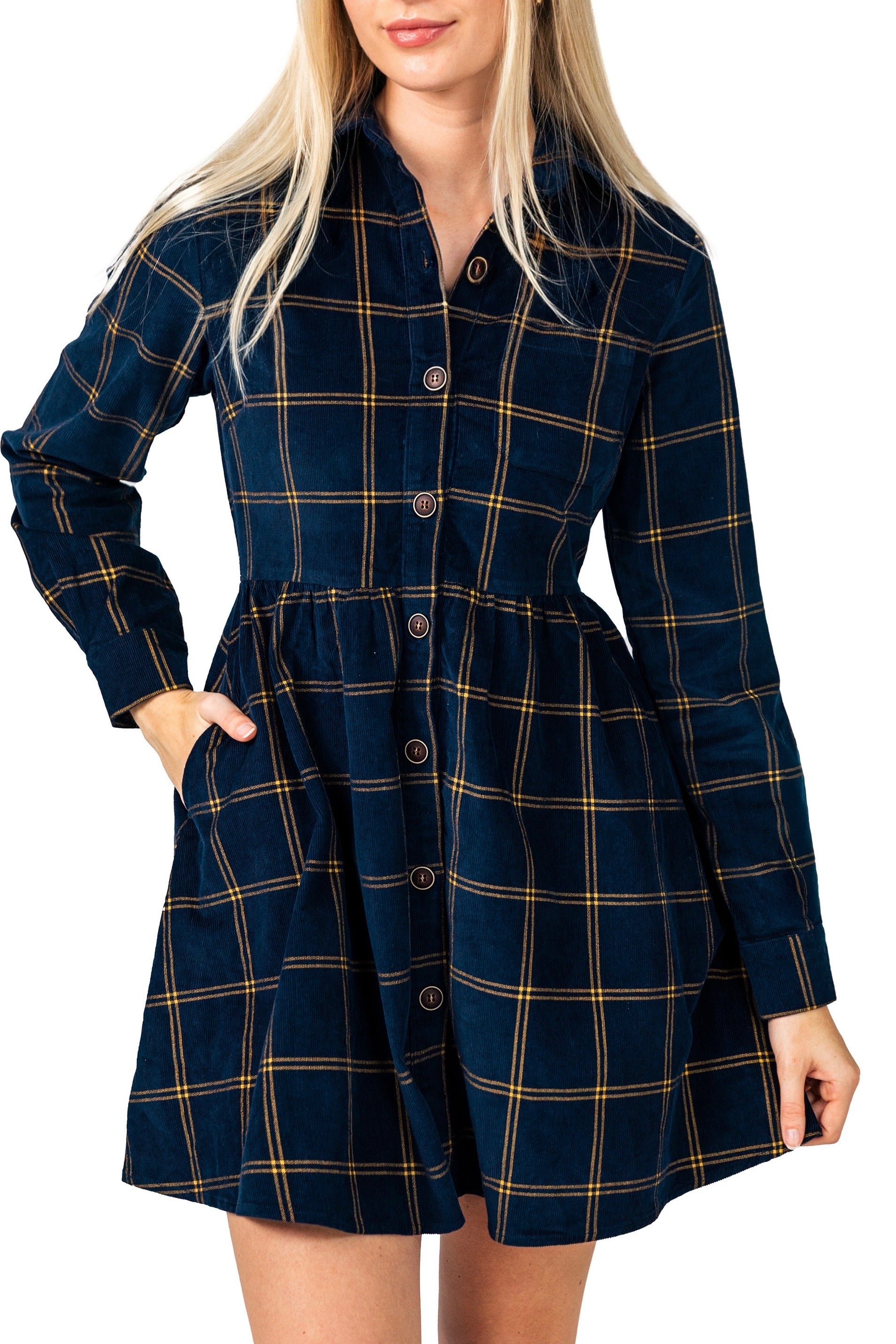 Midnight Tide Plaid Corduroy Dress