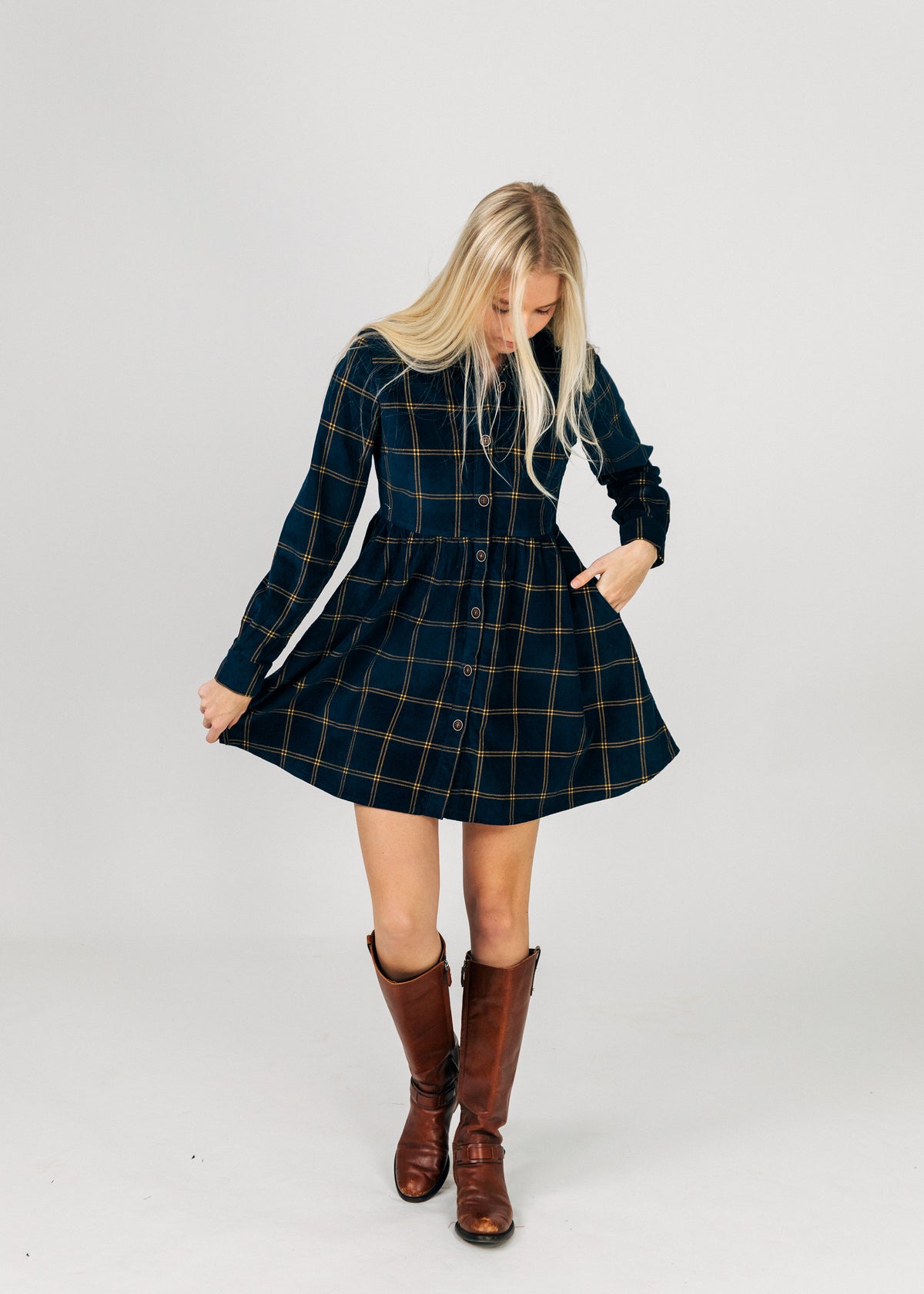 Midnight Tide Plaid Corduroy Dress