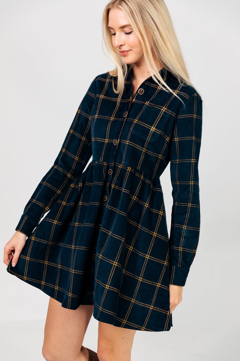 Midnight Tide Plaid Corduroy Dress