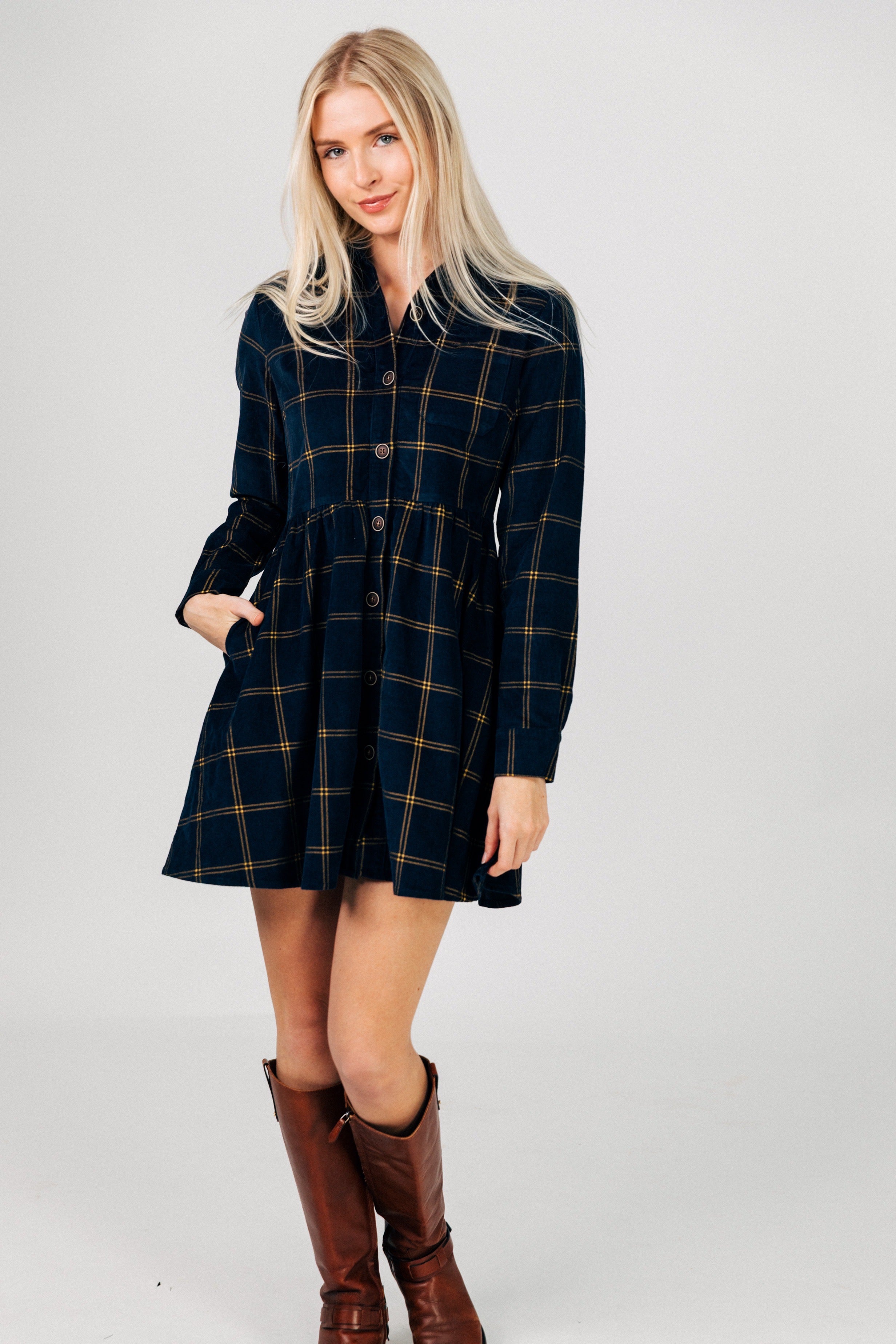 Midnight Tide Plaid Corduroy Dress