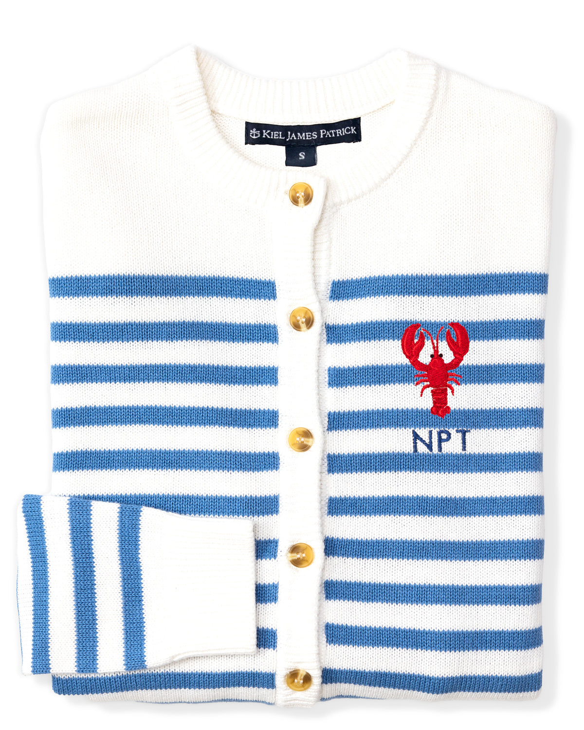 New England Lobster Embroidered Monogram Striped Cardigan