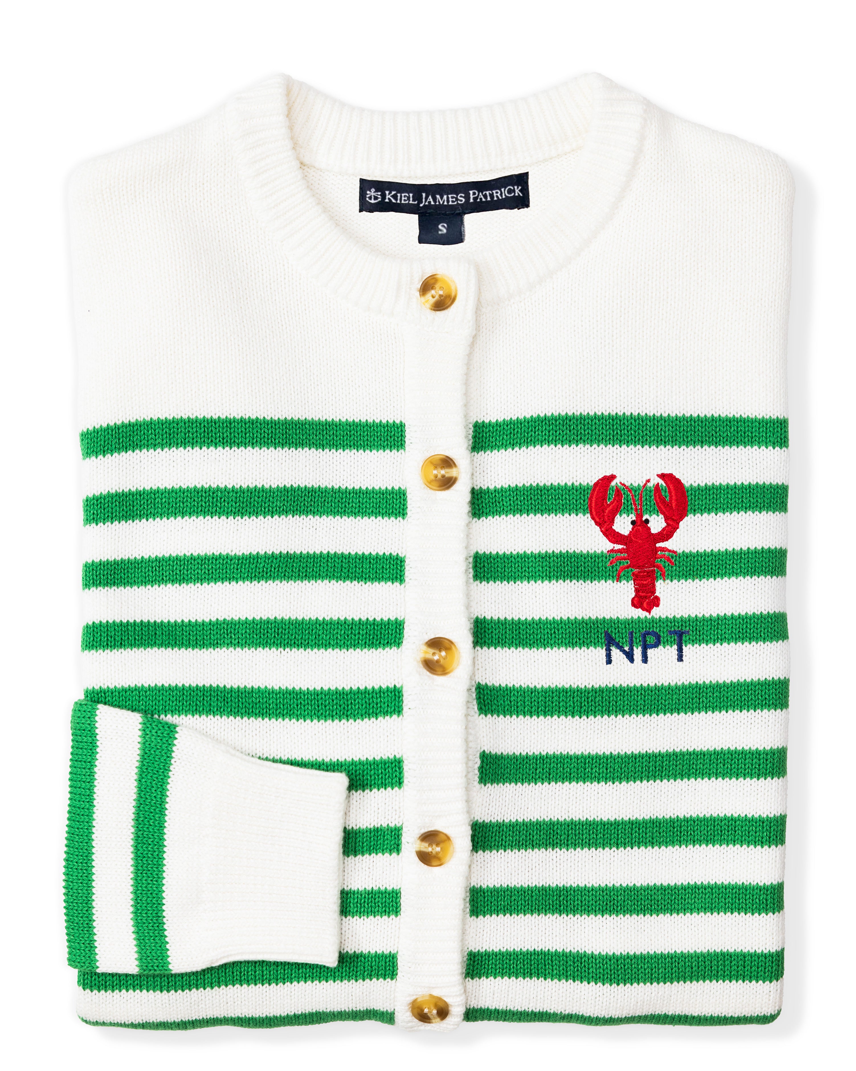 New England Lobster Embroidered Monogram Striped Cardigan