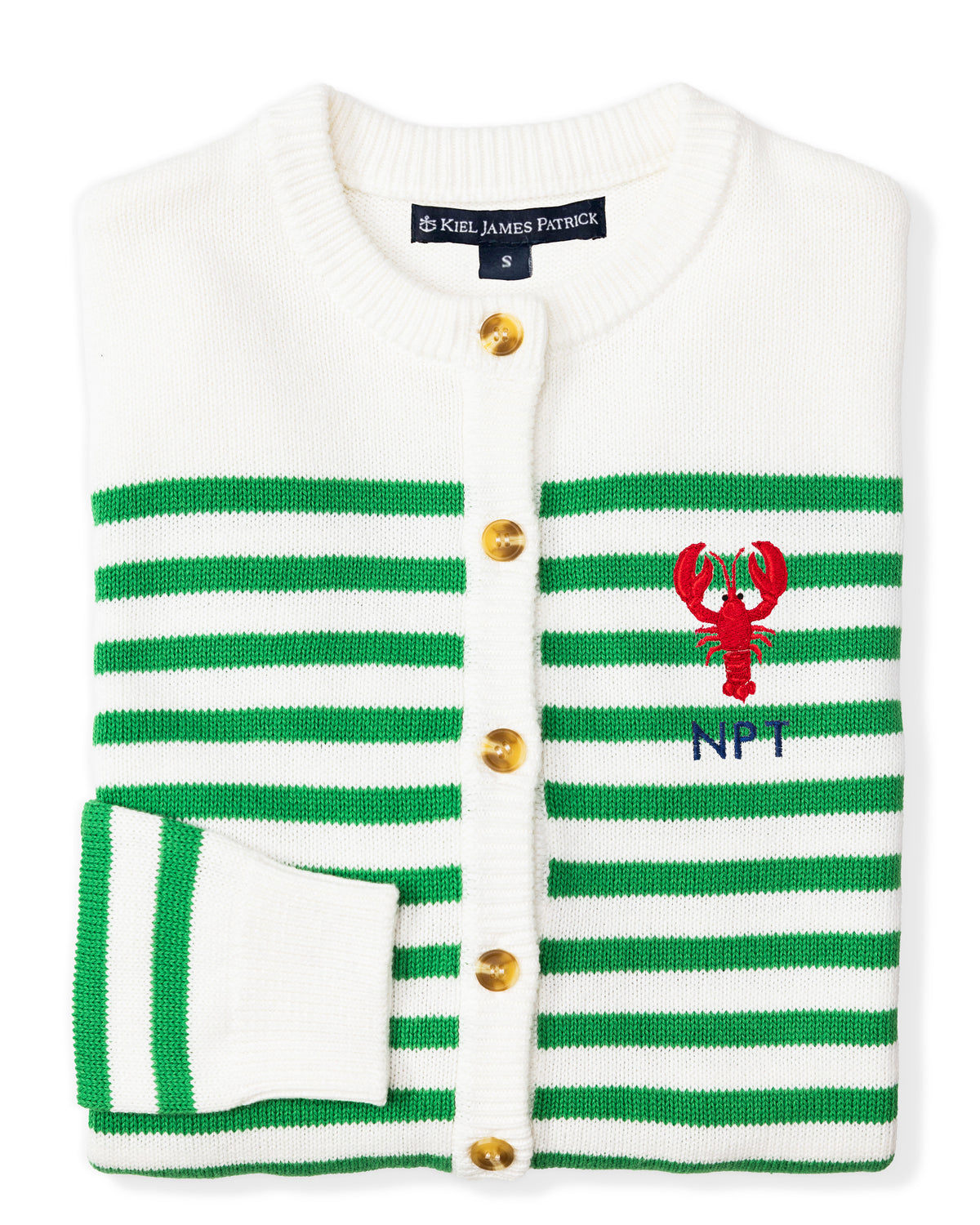 New England Lobster Embroidered Monogram Striped Cardigan