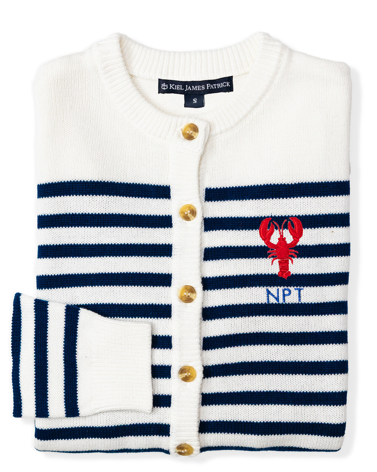 New England Lobster Embroidered Monogram Striped Cardigan