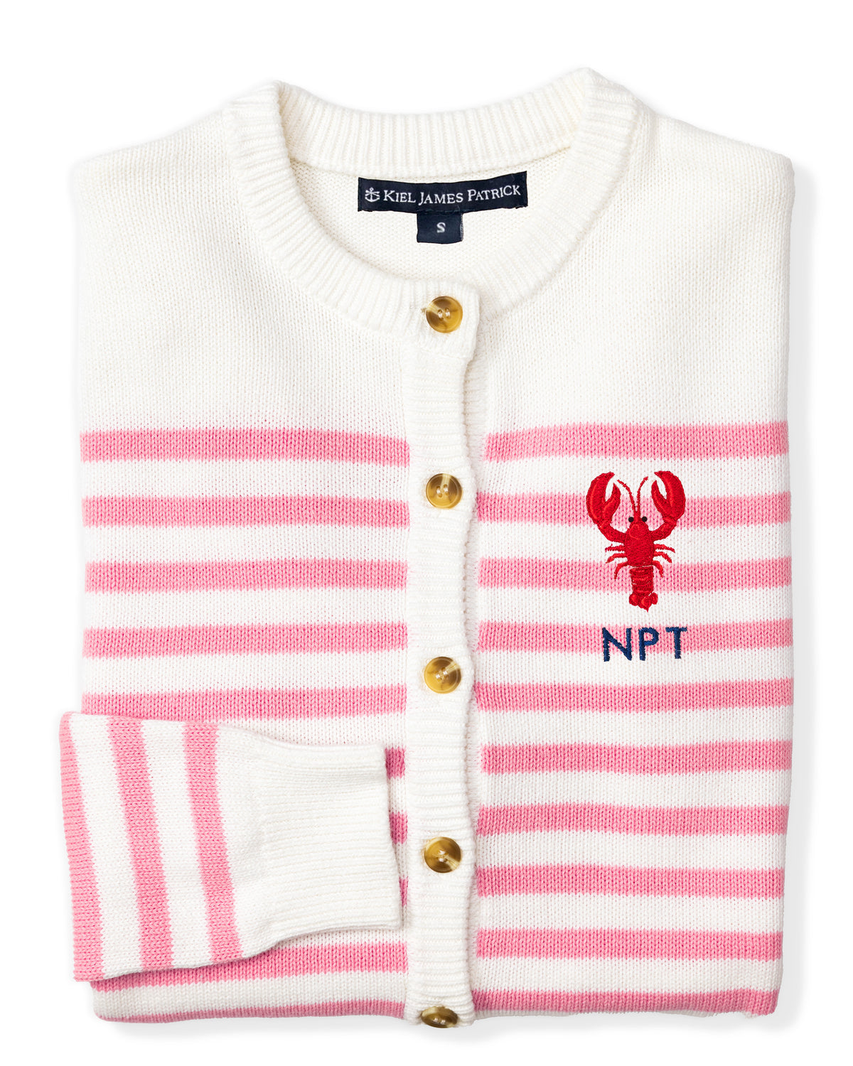 New England Lobster Embroidered Monogram Striped Cardigan
