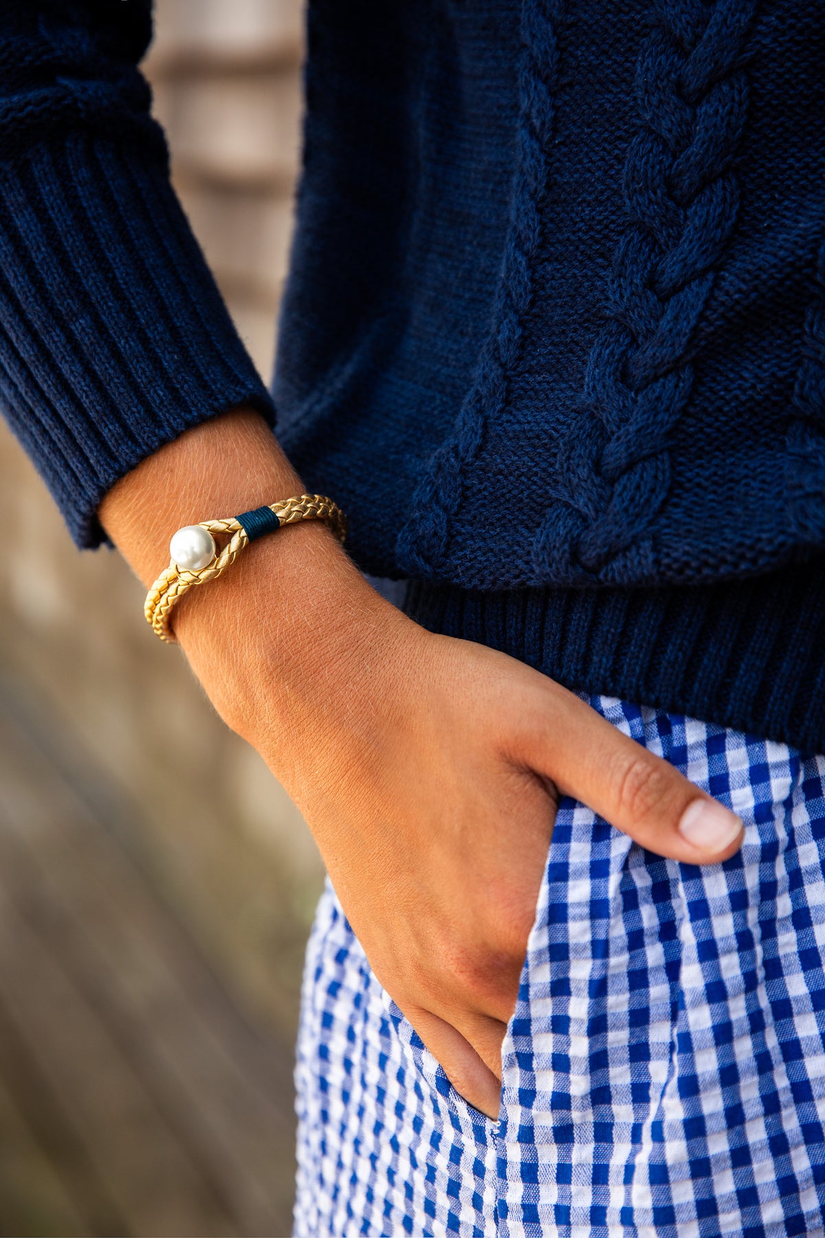 Pearl Knot Leather Bracelet in Gold