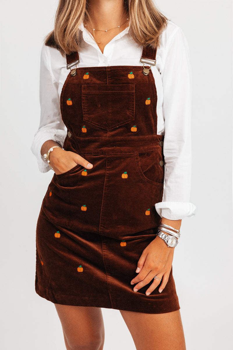 KJP Women's Pumpkin Embroidered Corduroy Jumper Dress in Brown – Kiel James Patrick