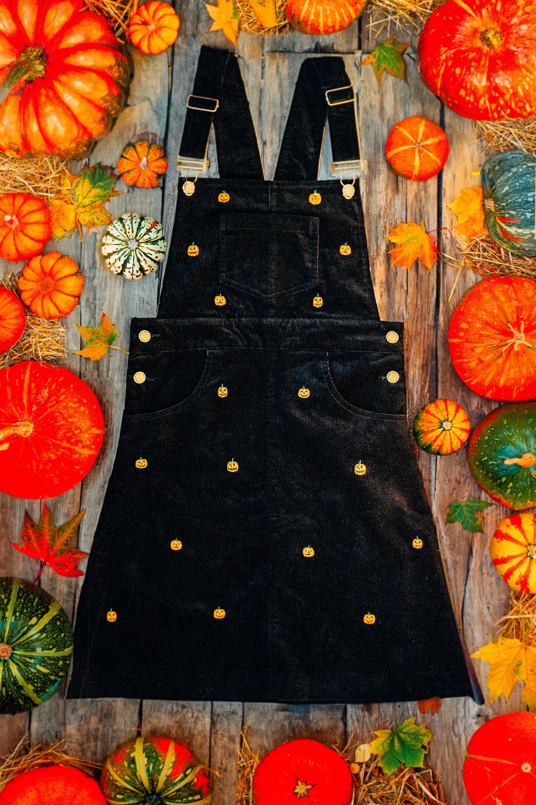Jack-o'-Lantern Embroidered Corduroy Jumper Dress