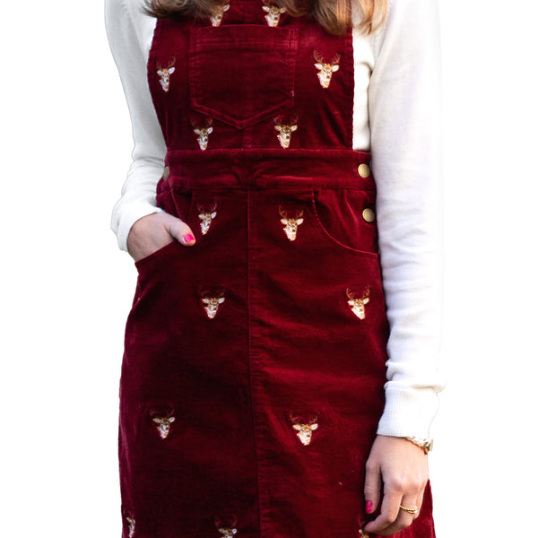 KJP Women's Rustic Stag Embroidered Corduroy Jumper Dress in Maroon L