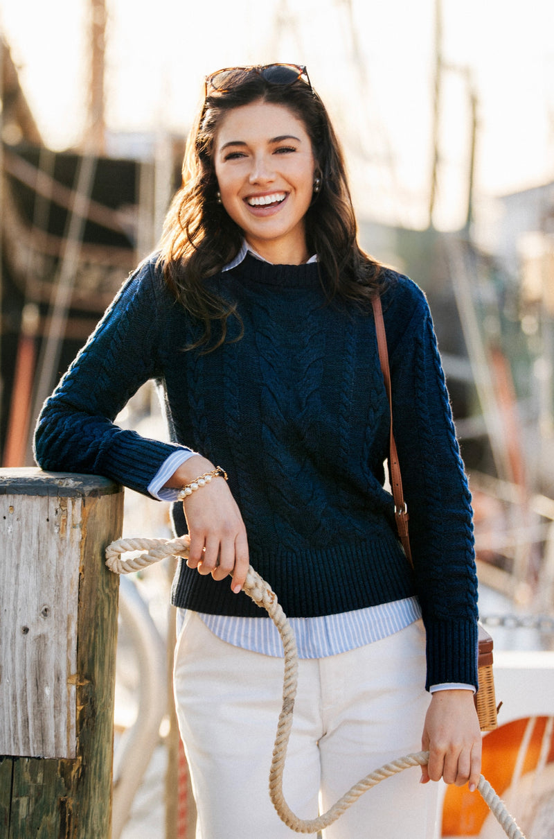 KJP Women's Sailor Cable Knit Crewneck Cotton Sweater in Navy Blue