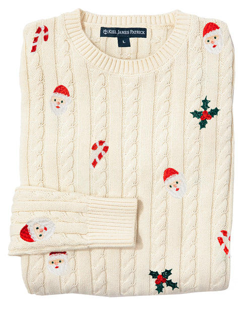 Santa Holly Embroidered Cable Knit Sweater