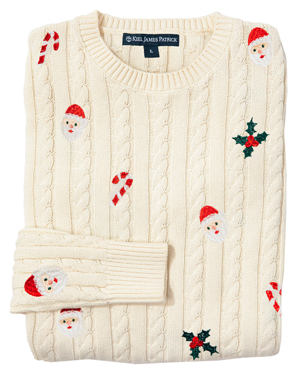 Santa Holly Embroidered Cable Knit Sweater