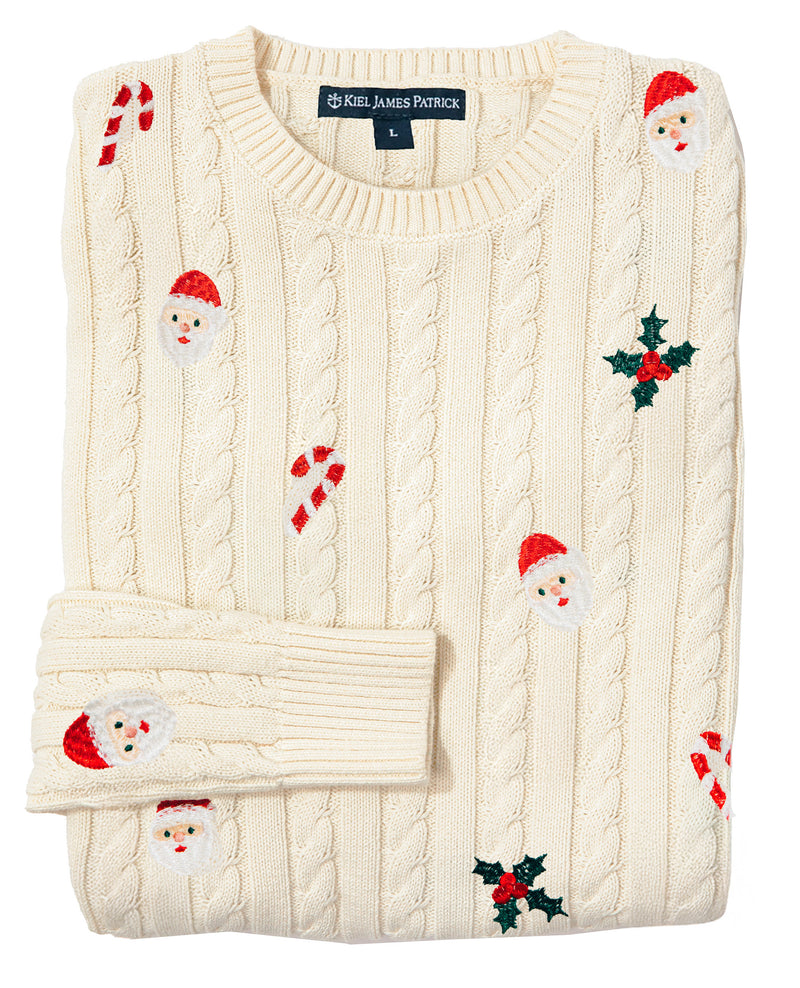 Santa Holly Embroidered Cable Knit Sweater