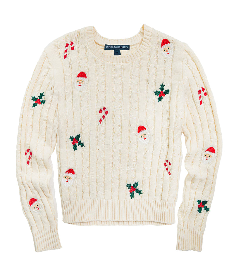 Santa Holly Embroidered Cable Knit Sweater