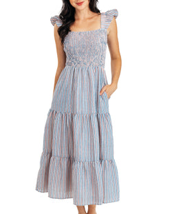 maxi dress red white and blue Plus Size - Puff Sleeve Tiered - Challis Plaid & over printing FAVIPT American Flag Maxi Dress