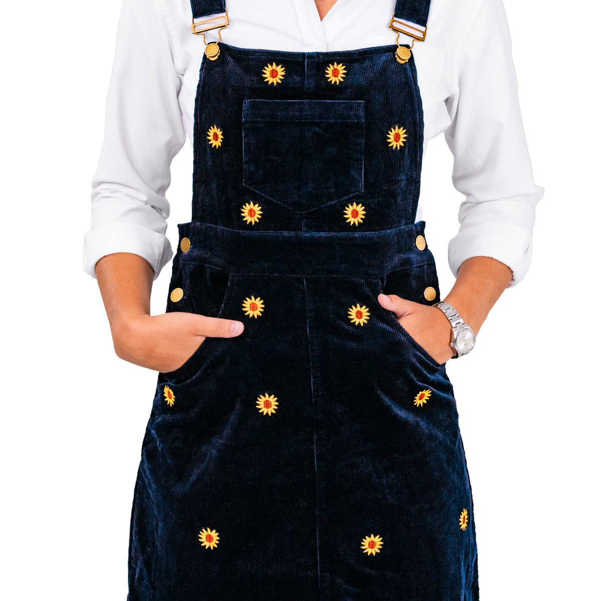 blue corduroy overall dress KJP Women's Sunflower Embroidered Jumper in Navy XXL Hill House | Women’s Turkish Bridal Couture Flavor (Eggless):Belgian Chocolate in feel.