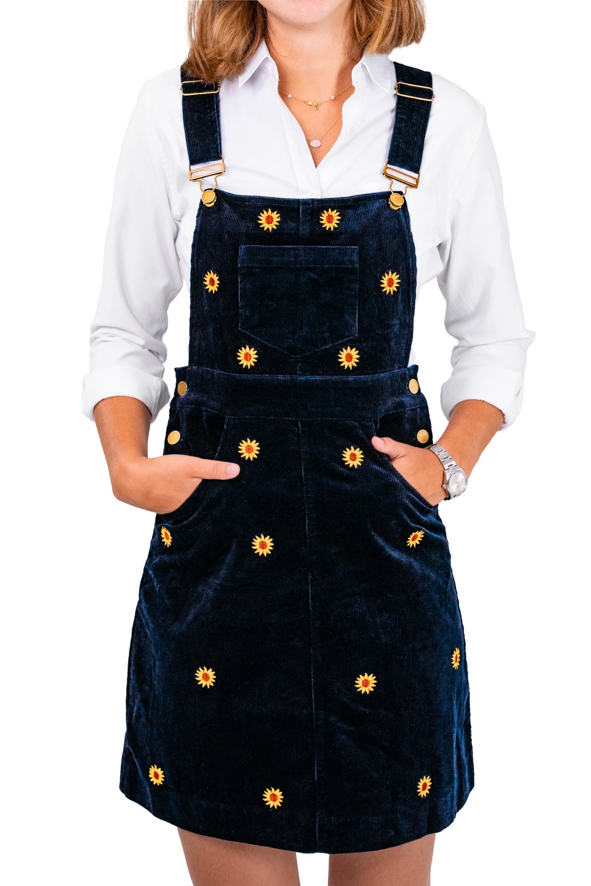 Sunflower Embroidered Corduroy Jumper Dress in Navy