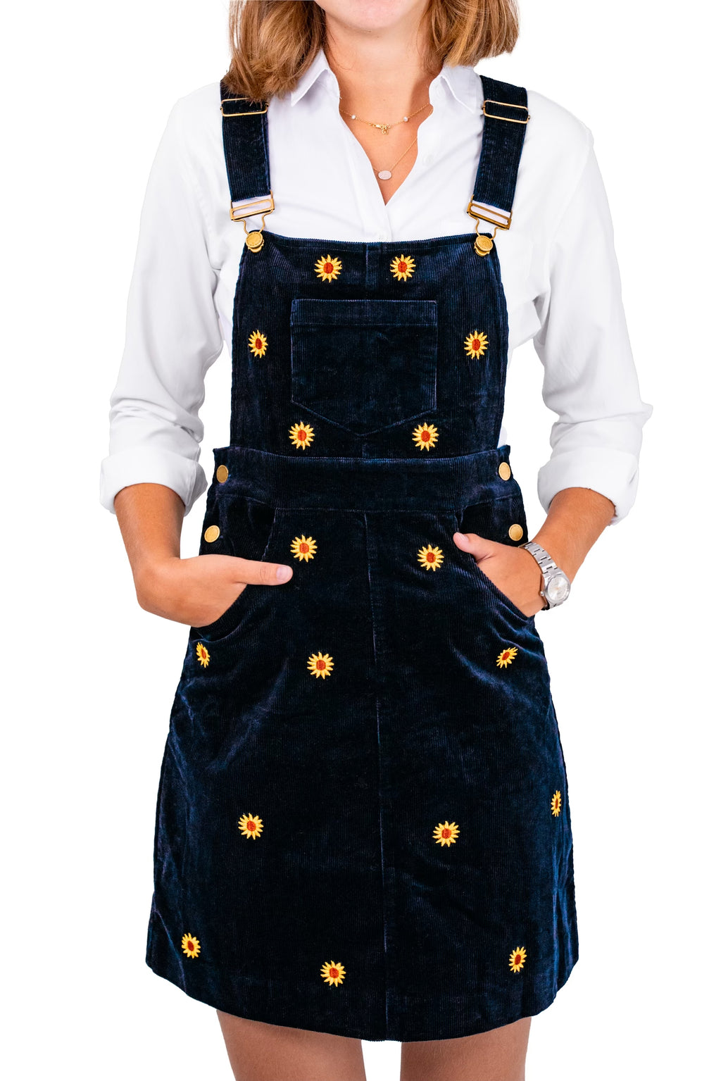Womens Corduroy Overall Dress Jumper Corduroy KJP Women's Sunflower Embroidered Corduroy Jumper Dress In Navy Blue Womens Corduroy Overall Dress Jumper Corduroy KJP Women's Sunflower Embroidered Corduroy Jumper Dress In Navy Blue