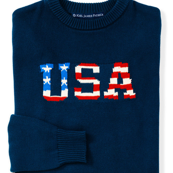KJP USA Intarsia Crewneck Cotton Sweater in Navy Blue – Kiel James