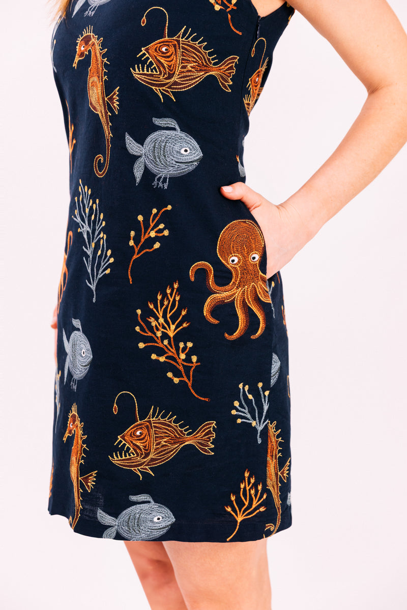 embroidered fish dress Embroidered fish semi-sheer cami dress - Red