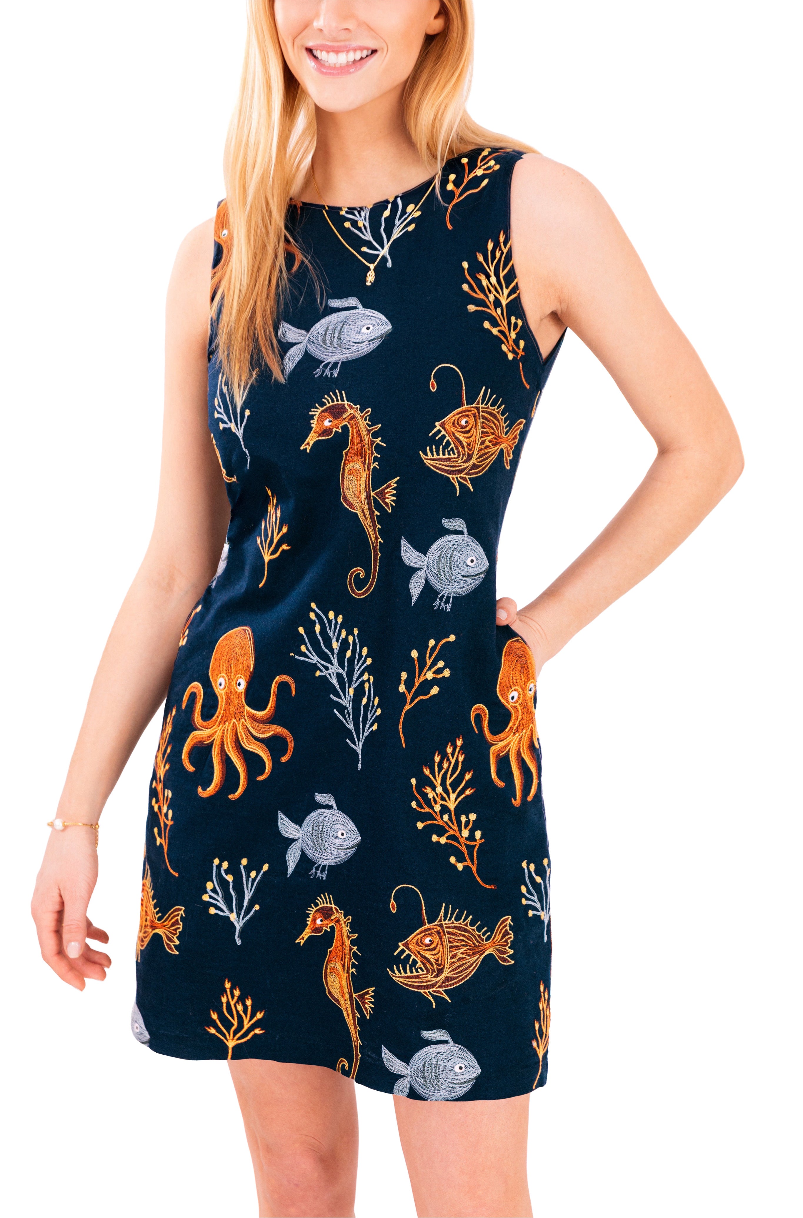 The Deep Blue Sea Embroidered Shift Dress