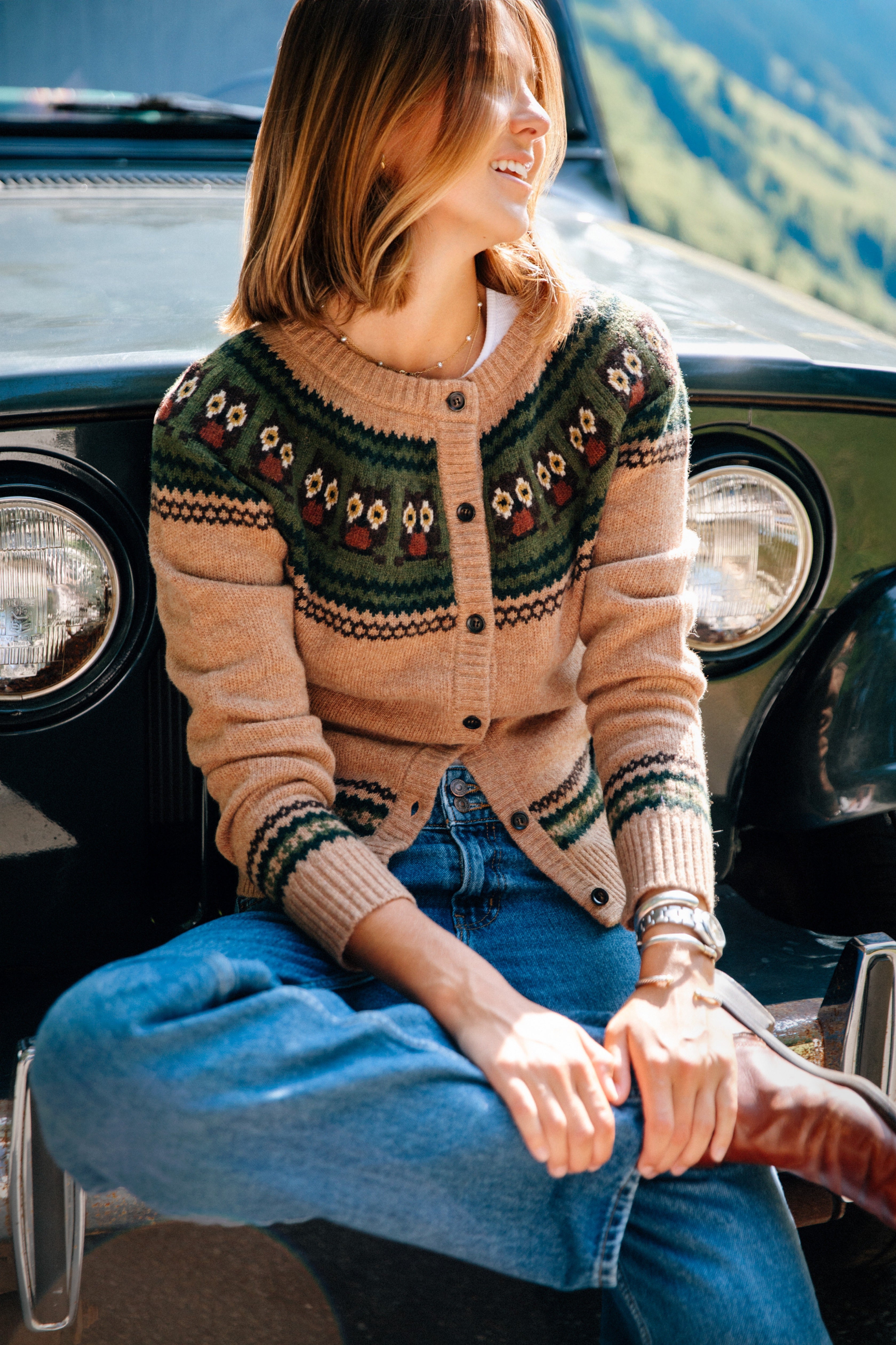 KJP Women's Woodland Owl Fair Isle Cardigan Sweater