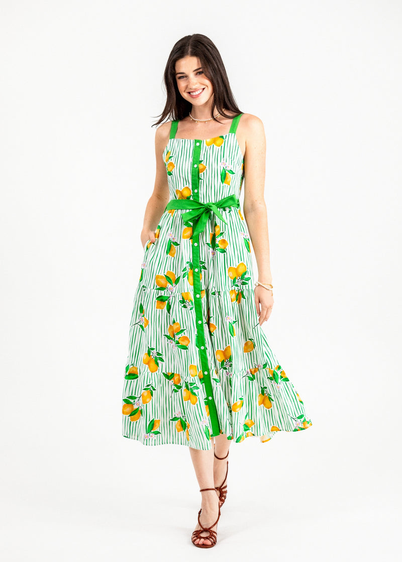 KJP Women's Lemon Grove Belted Maxi Dress in White and Green Kiel James Patrick KJP Women's Lemon Grove Belted Maxi Dress in White and Green Kiel James Patrick