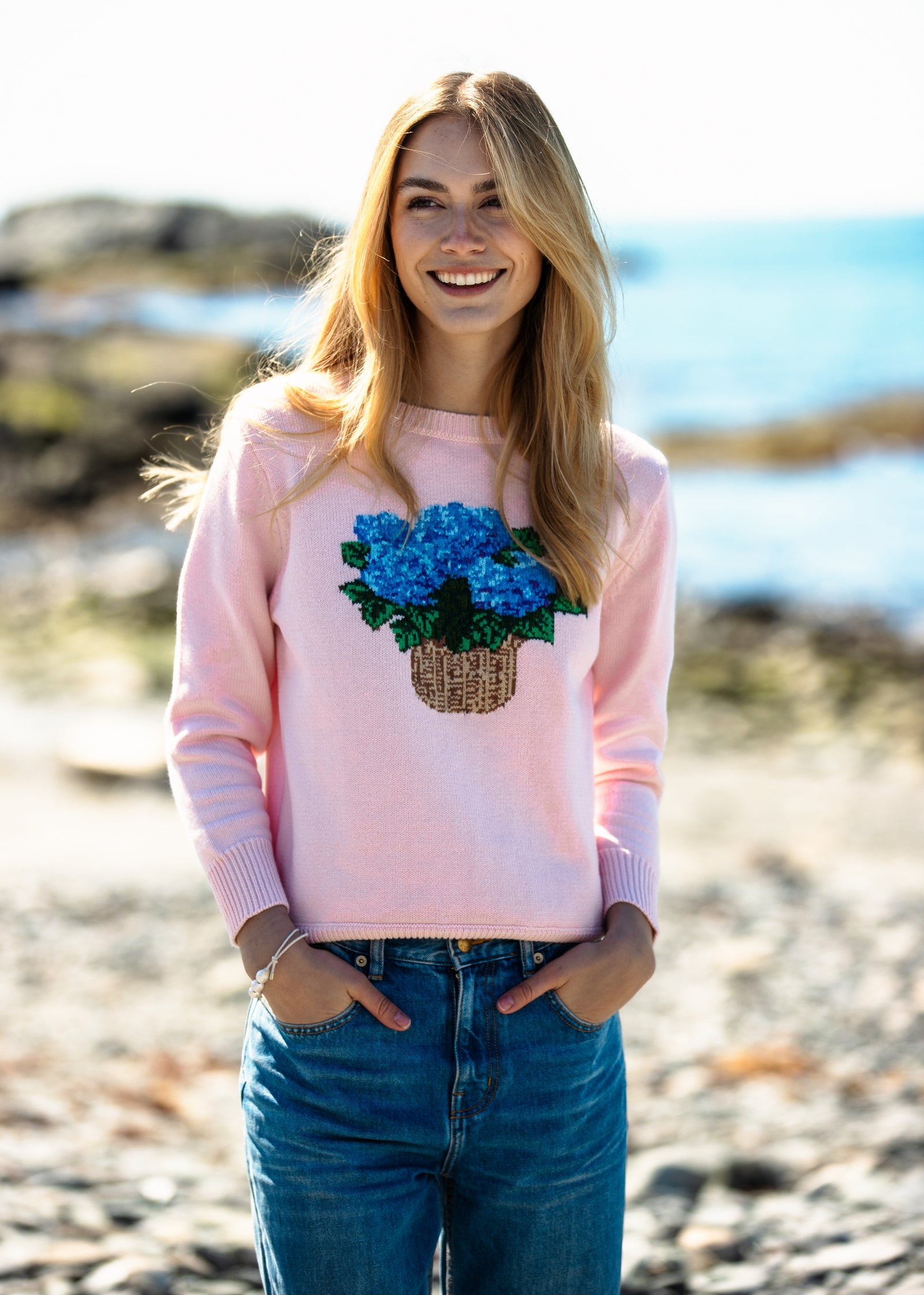 KJP Women's Hydrangea Basket Hand Knit Crewneck Sweater in Pink