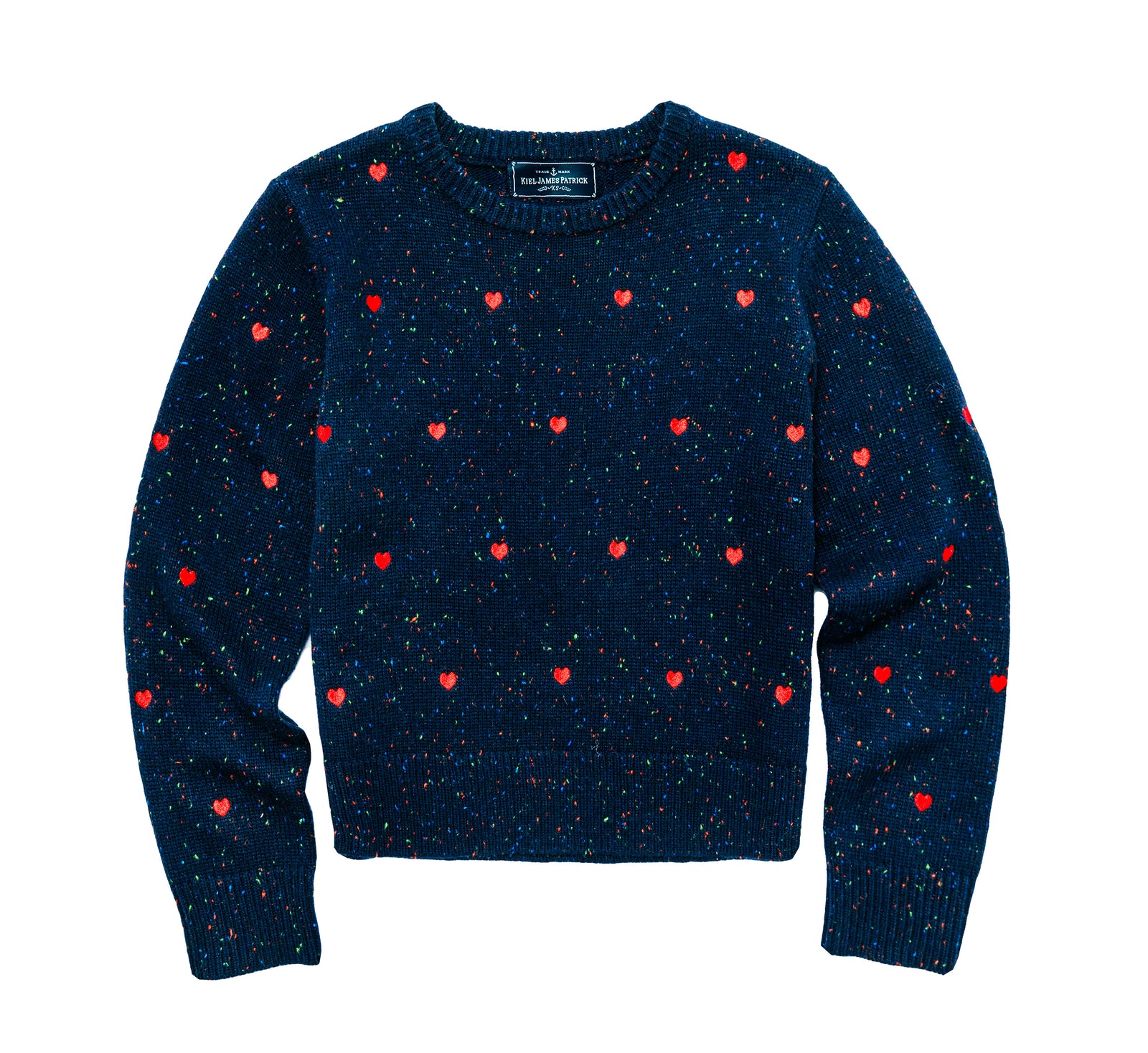 KJP Women's Embroidered Heart Donegal Crewneck Sweater in Navy