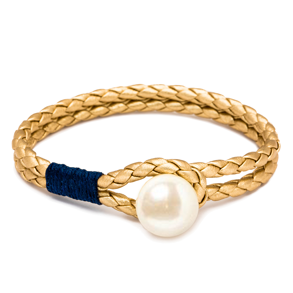 Pearl Knot Leather Bracelet in Gold