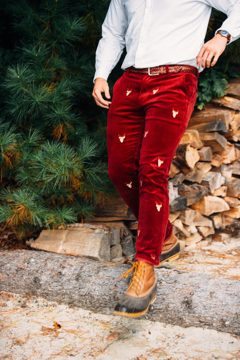 KJP Men's Rustic Stag Embroidered Corduroy Pant in Maroon Kiel James Patrick KJP Men's Rustic Stag Embroidered Corduroy Pant in Maroon Kiel James Patrick