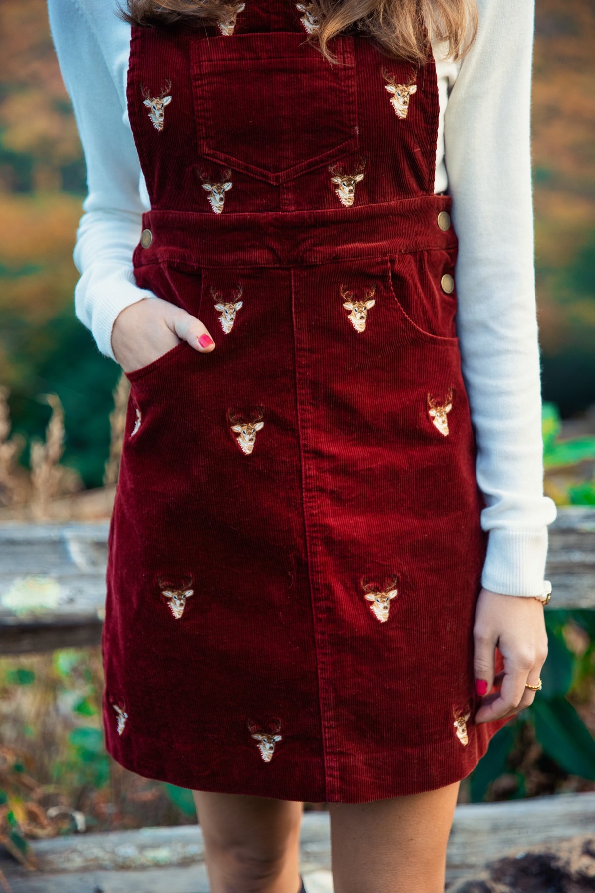 KJP Women's Rustic Stag Embroidered Corduroy Jumper Dress in Maroon L