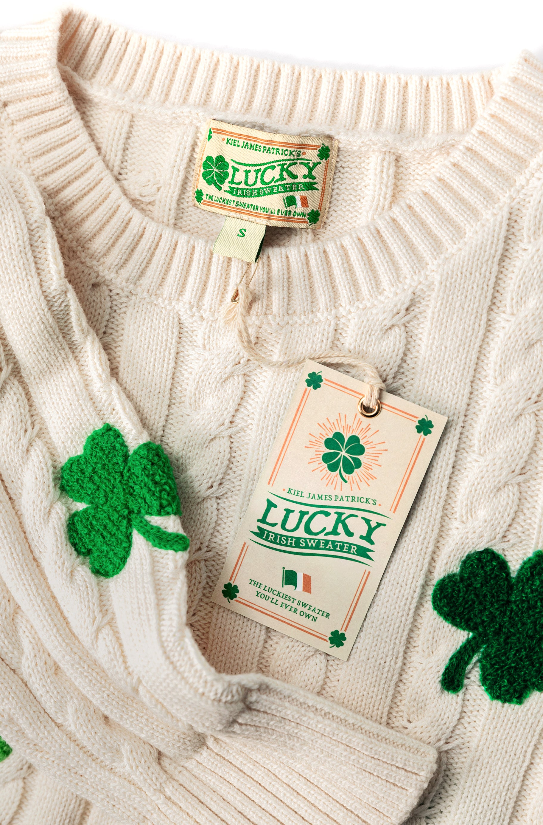 KJP Women's Shamrock Cable Knit Crewneck Cotton Sweater in White
