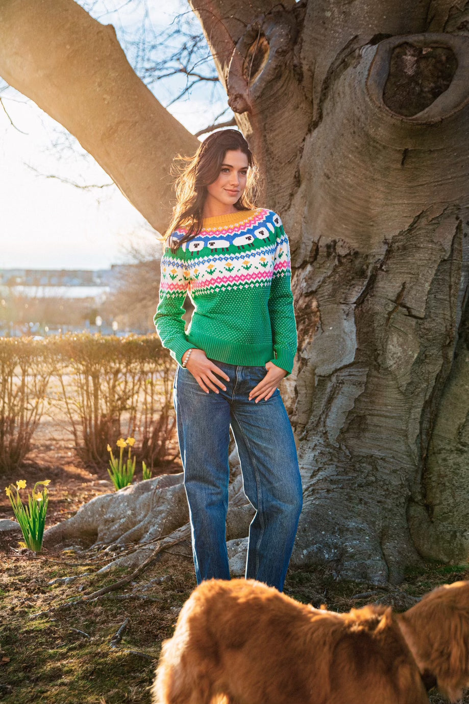 KJP Women's Sheep Fair Isle Crewneck Cotton Sweater