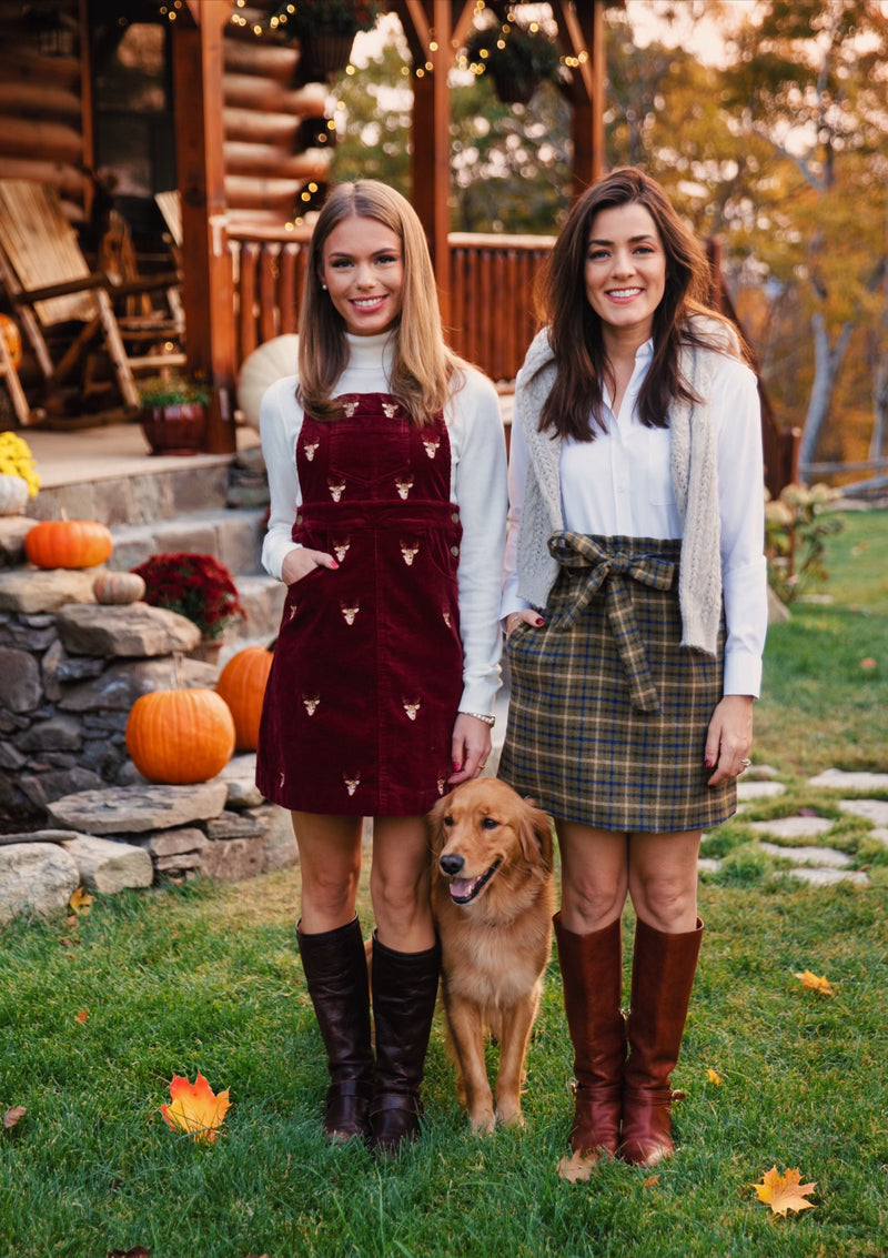 KJP Women's Rustic Stag Embroidered Corduroy Jumper Dress in Maroon Kiel James Patrick KJP Women's Rustic Stag Embroidered Corduroy Jumper Dress in Maroon Kiel James Patrick